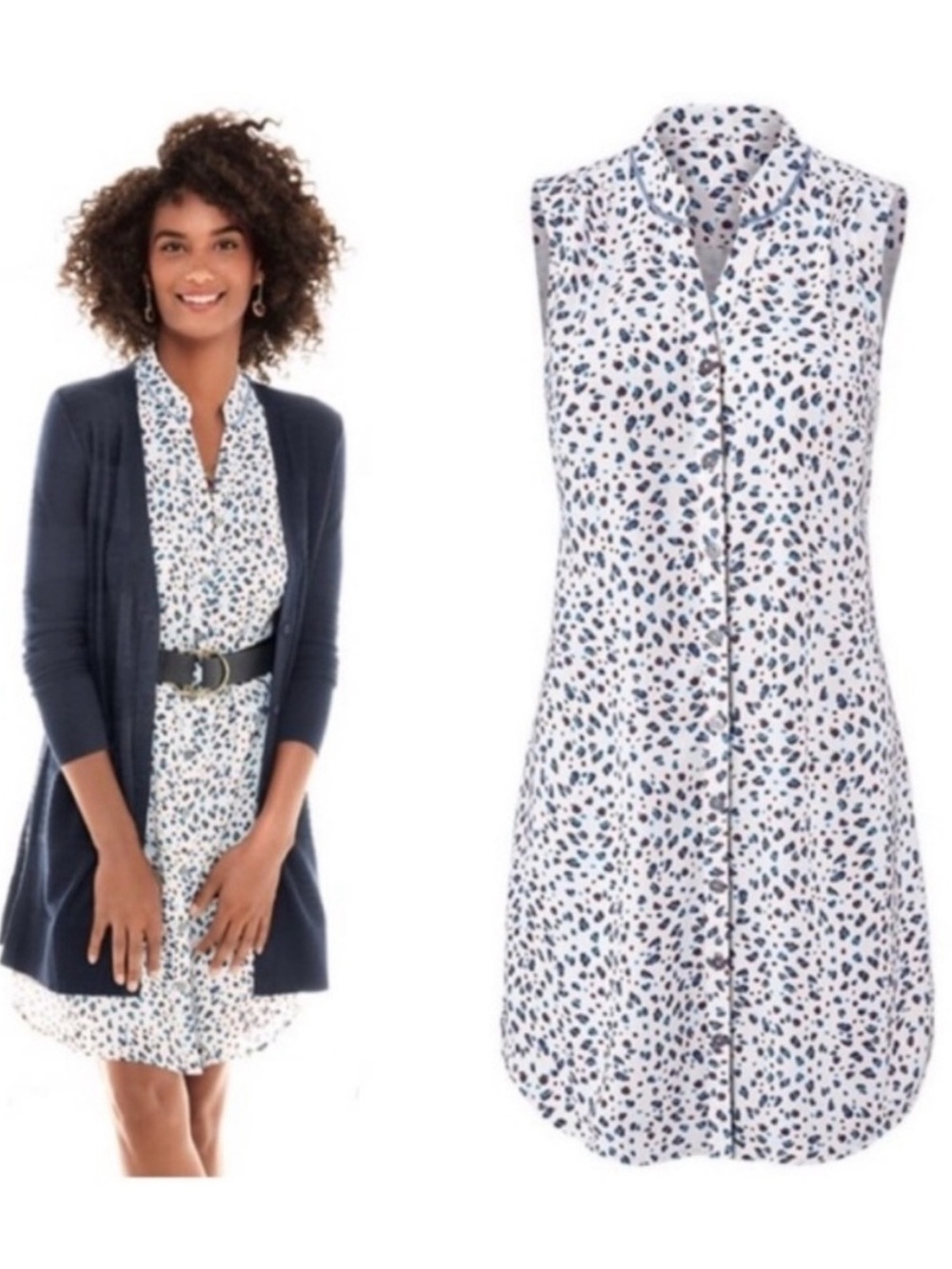 CAbi Camilla Shift Dress - White with Navy Spot Print size small